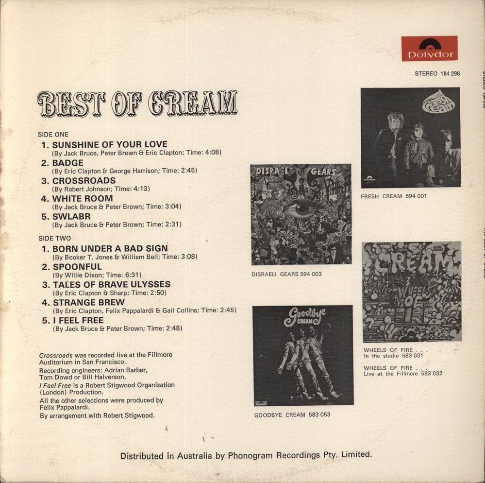 Cream Best Of Cream Australian vinyl LP album (LP record)