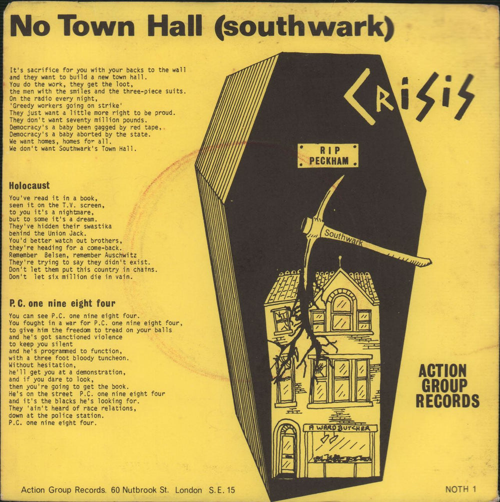 Crisis No Town Hall UK 7" vinyl single (7 inch record / 45) NOTH1