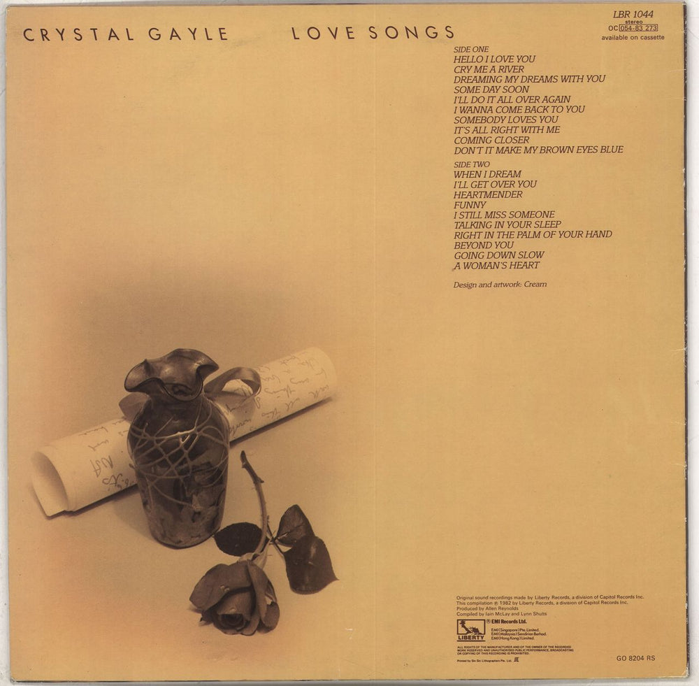 Crystal Gayle Love Songs Hong Kong vinyl LP album (LP record)