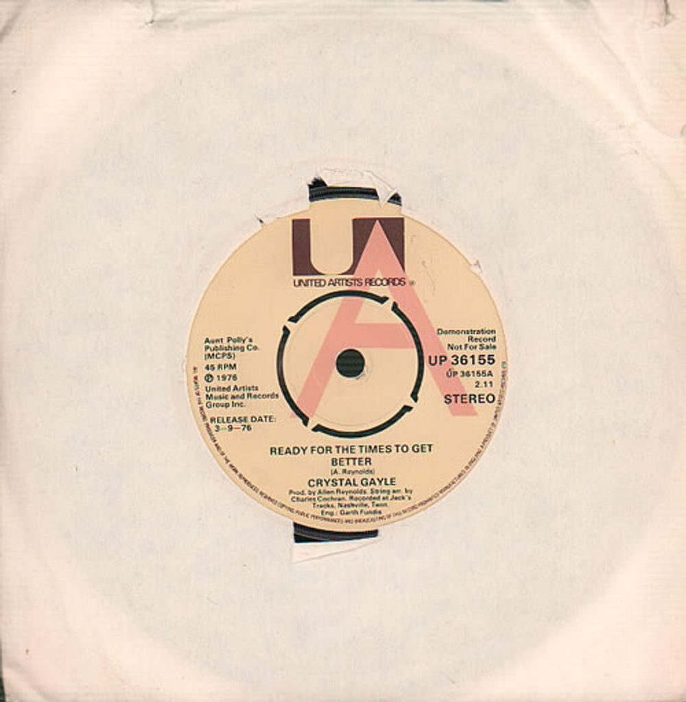 Crystal Gayle Ready For The Times To Get Better - A Label UK Promo 7" vinyl single (7 inch record / 45) UP36155