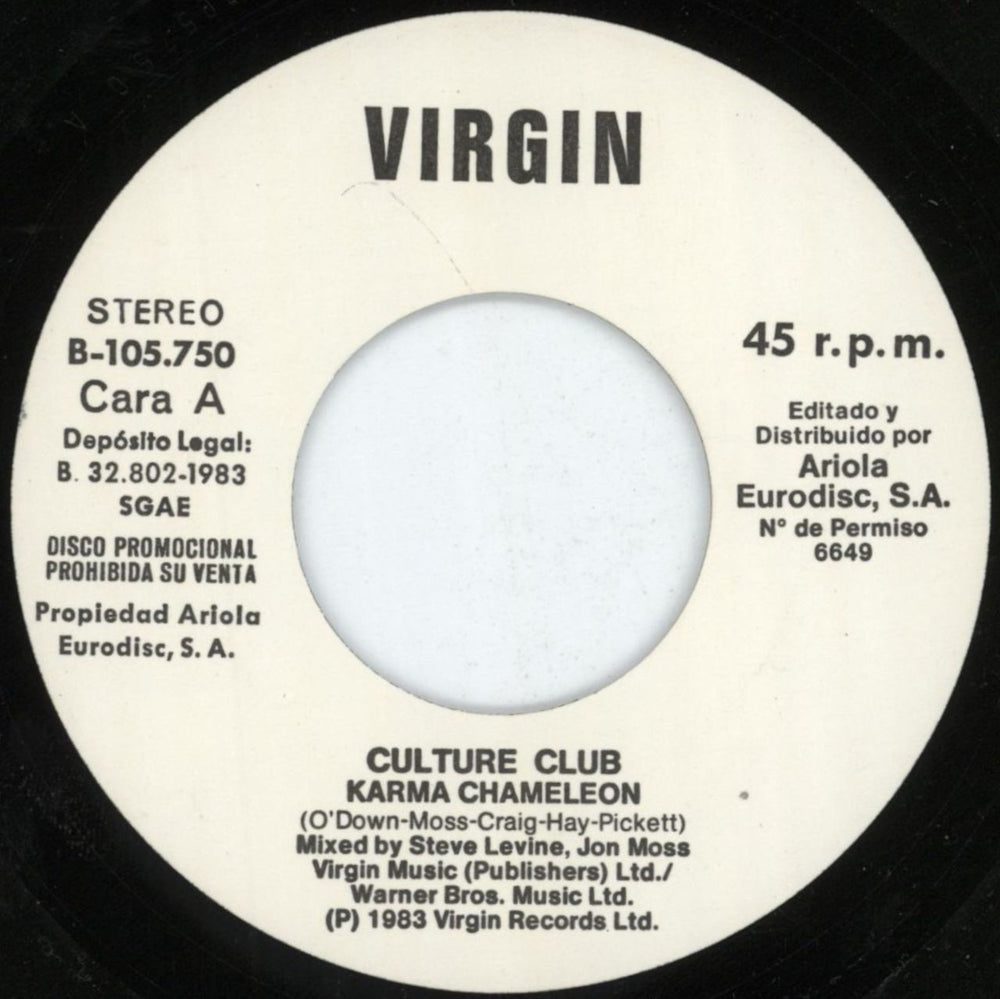 Culture Club Karma Chameleon + p/s Spanish Promo 7" vinyl single (7 inch record / 45) CUL07KA808030