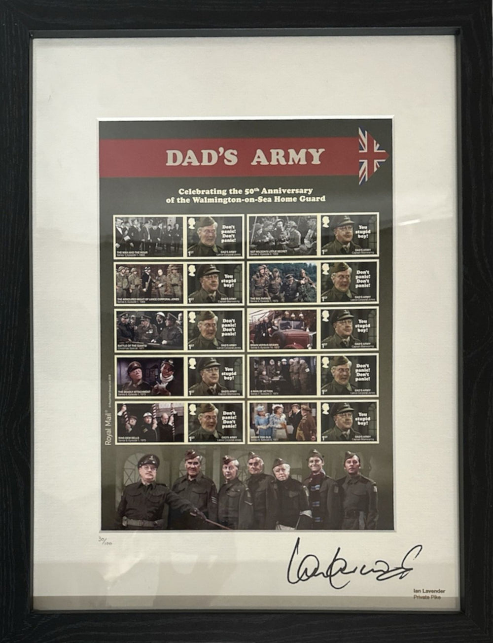 Dad's Army Royal Mail Stamp Sheet 50th Anniversary - Signed By Ian Lavender UK memorabilia FRAMED STAMP SHEET