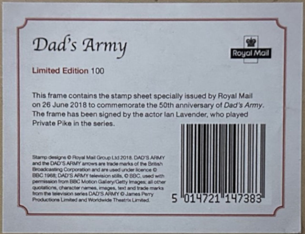 Dad's Army Royal Mail Stamp Sheet 50th Anniversary - Signed By Ian Lavender UK memorabilia WW2MMRO829306