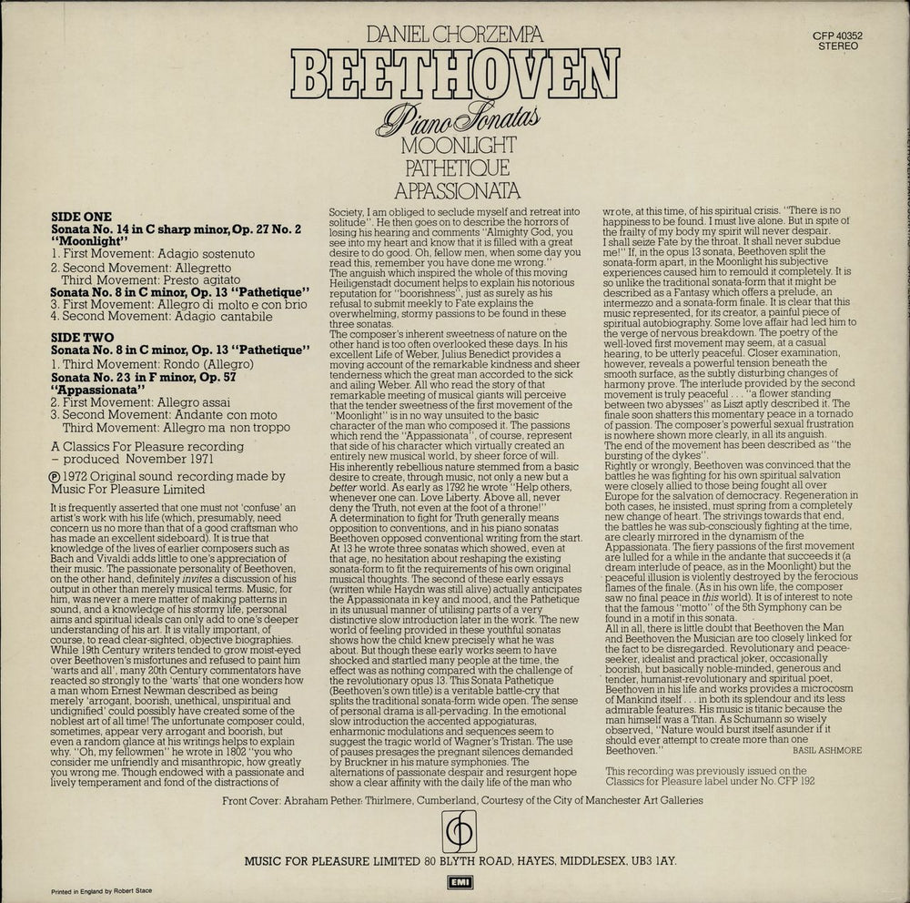 Daniel Chorzempa Beethoven Piano Sonatas UK vinyl LP album (LP record)
