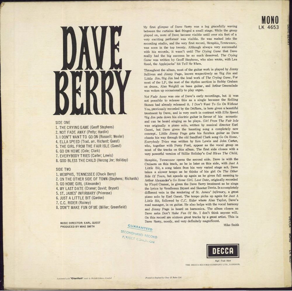 Dave Berry Dave Berry UK vinyl LP album (LP record)