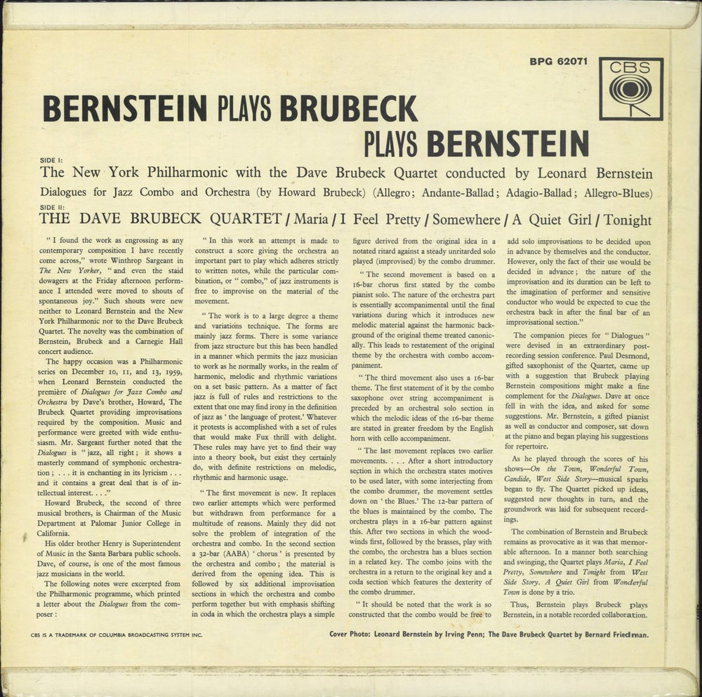 Dave Brubeck Bernstein Plays Brubeck Plays Bernstein UK vinyl LP album (LP record)