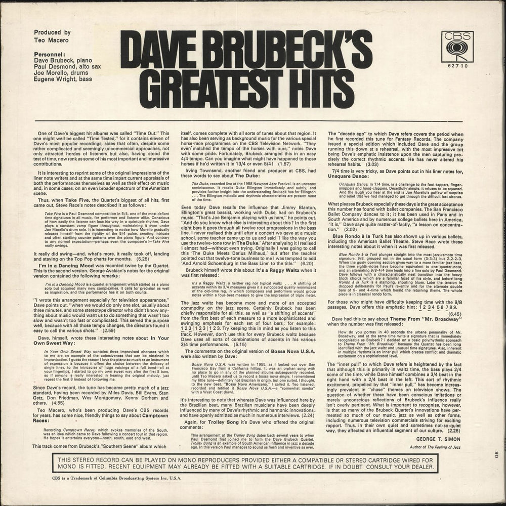 Dave Brubeck Dave Brubeck's Greatest Hits UK vinyl LP album (LP record)