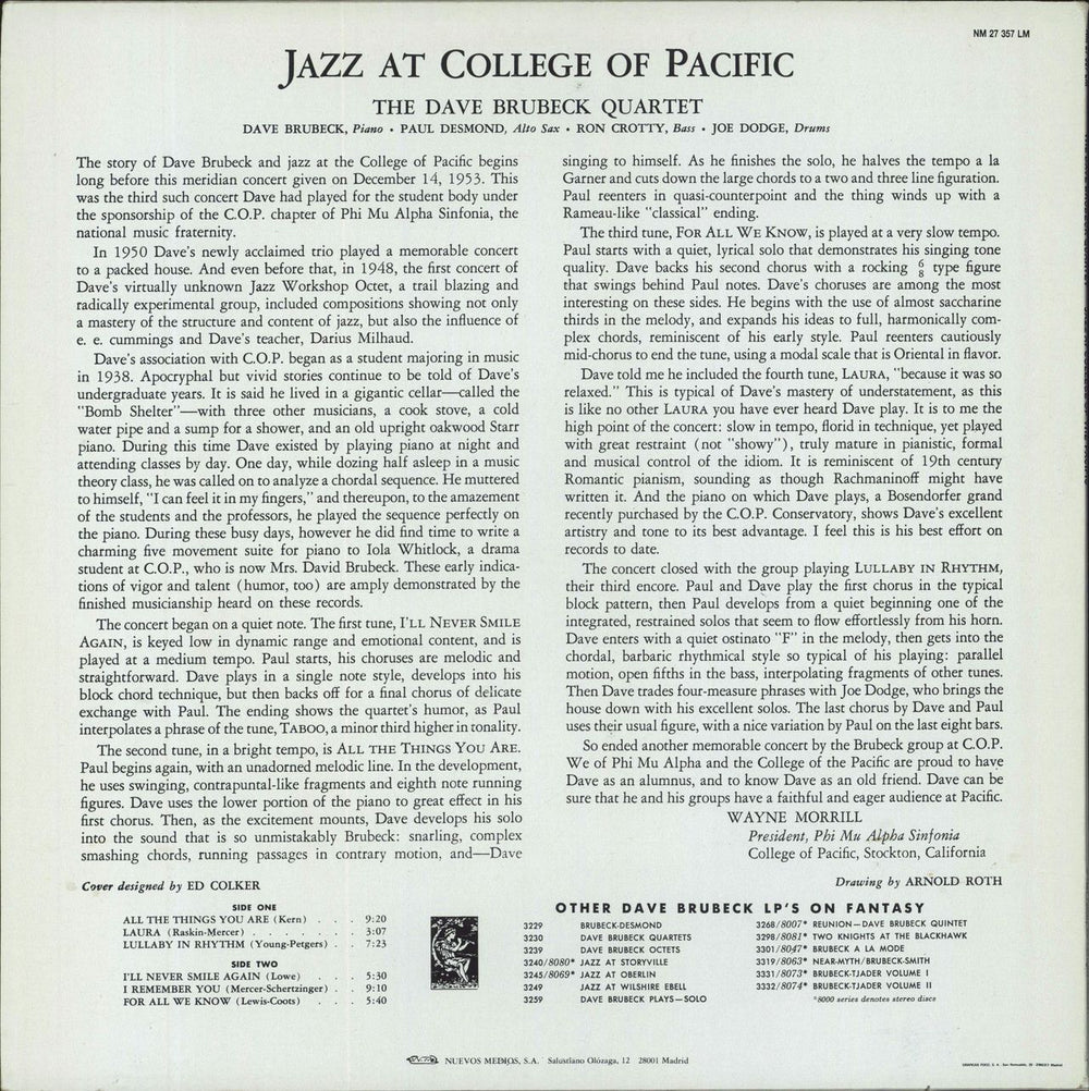 Dave Brubeck Jazz At The College Of The Pacific Spanish vinyl LP album (LP record)