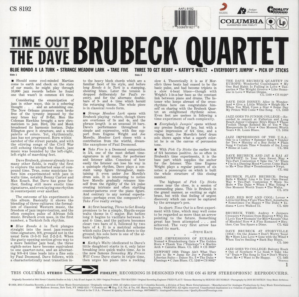 Dave Brubeck Time Out - 200gm - Hype Stickered EX US vinyl LP album (LP record) 753088819216