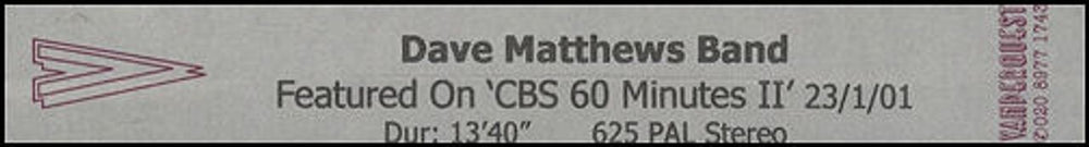 Dave Matthews Band Featured on 'CBS 60 Minutes II' UK Promo video (VHS or PAL or NTSC) PROMO VIDEO