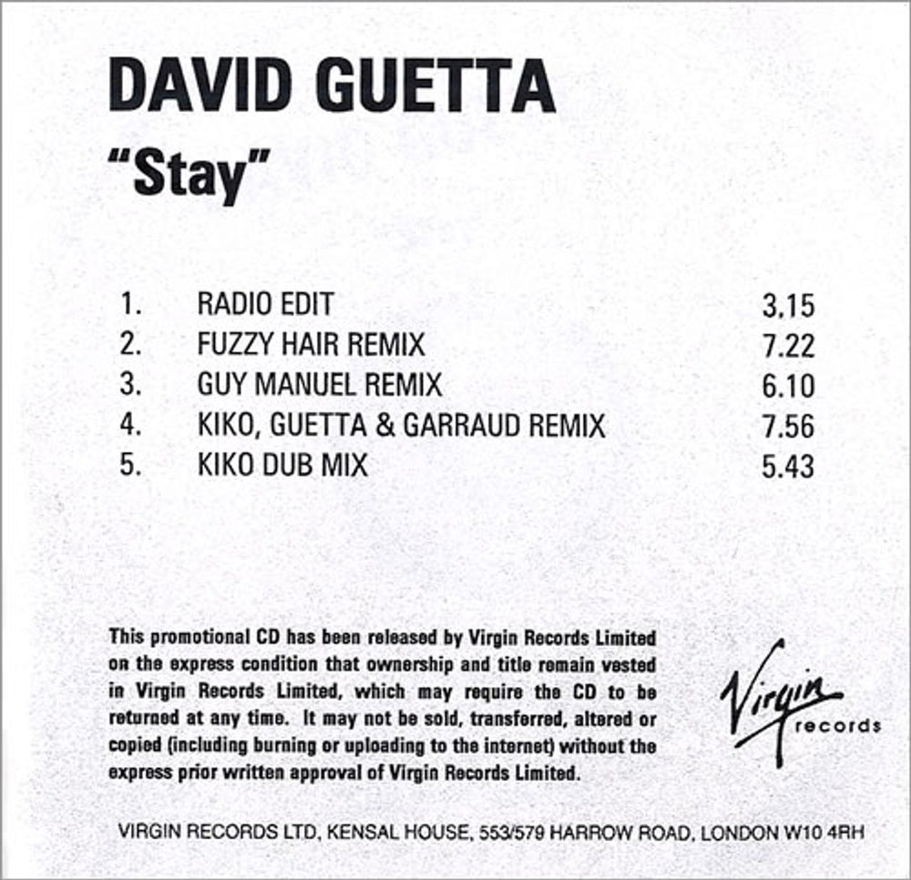 David Guetta Stay UK Promo CD-R acetate CD-R ACETATE