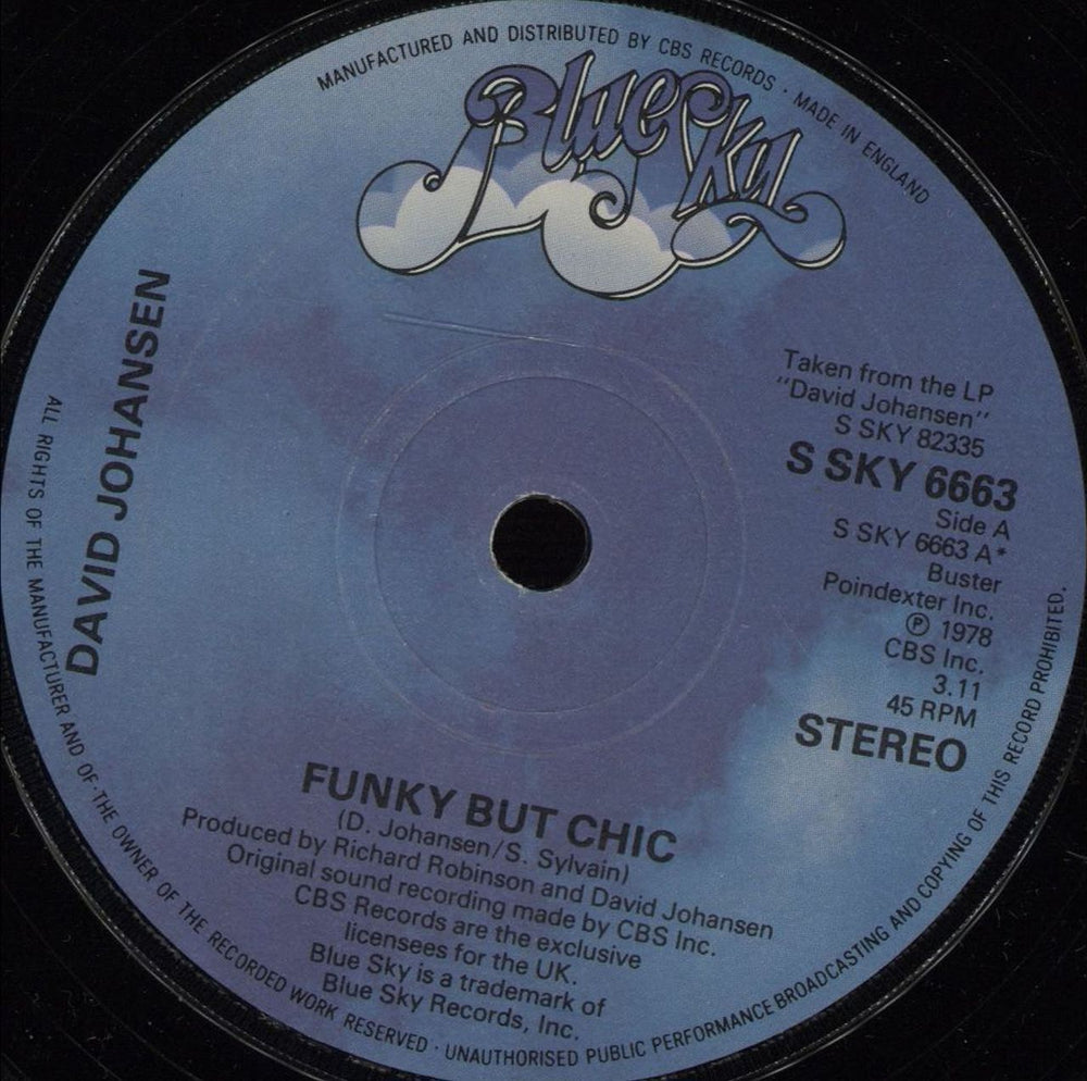 David Johansen Funky But Chic UK 7" vinyl single (7 inch record / 45) SSKY6663