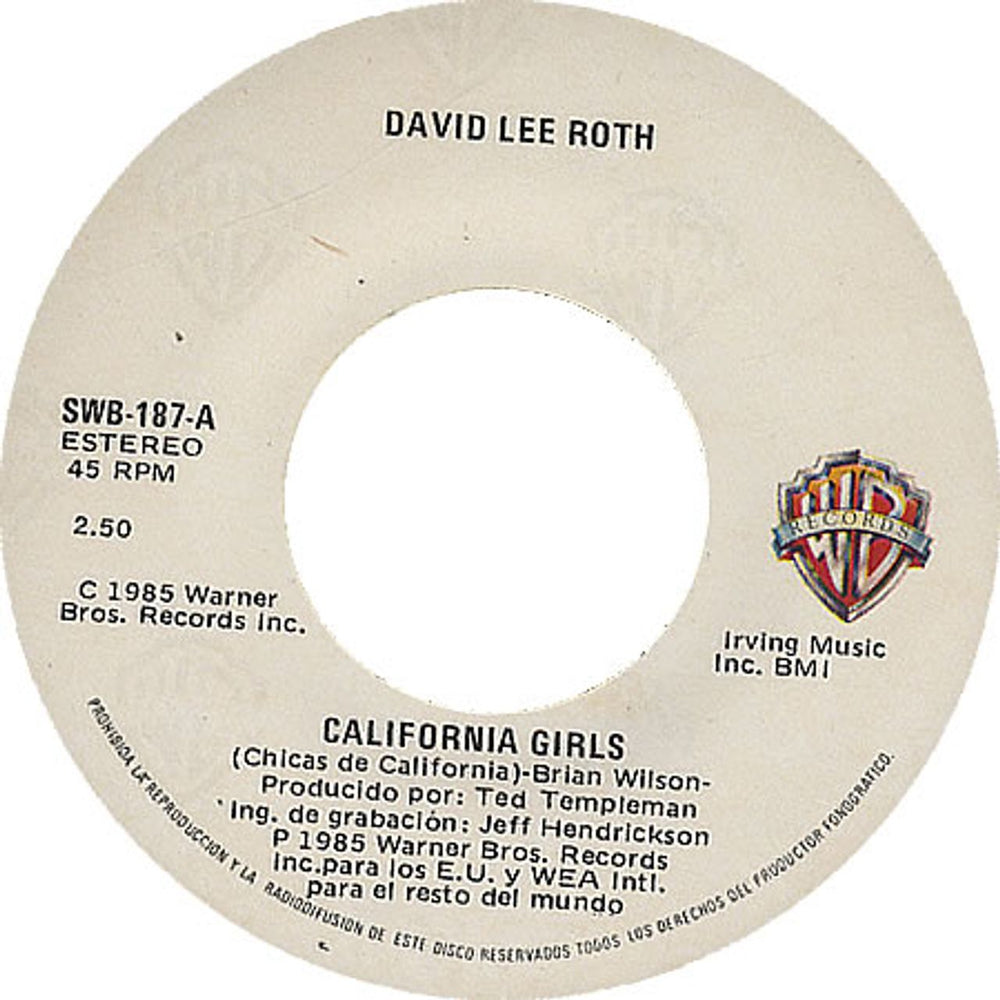 David Lee Roth California Girls Mexican 7" vinyl single (7 inch record / 45) SWB-187