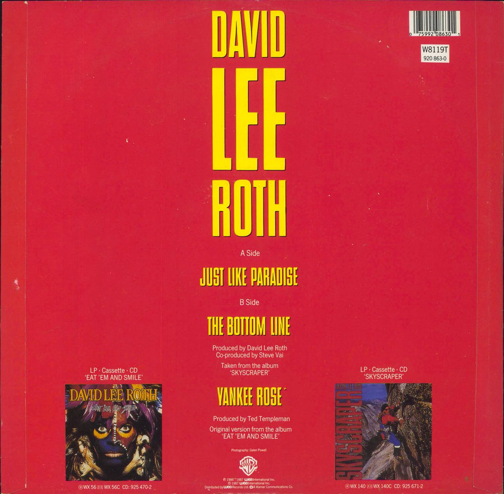 David Lee Roth Just Like Paradise UK 12" vinyl single (12 inch record / Maxi-single) 075992086301