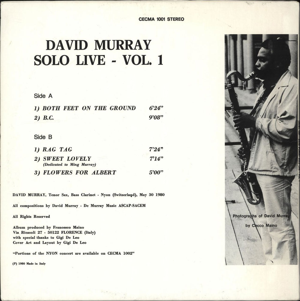 David Murray Solo Live Vol. 1 Italian vinyl LP album (LP record)