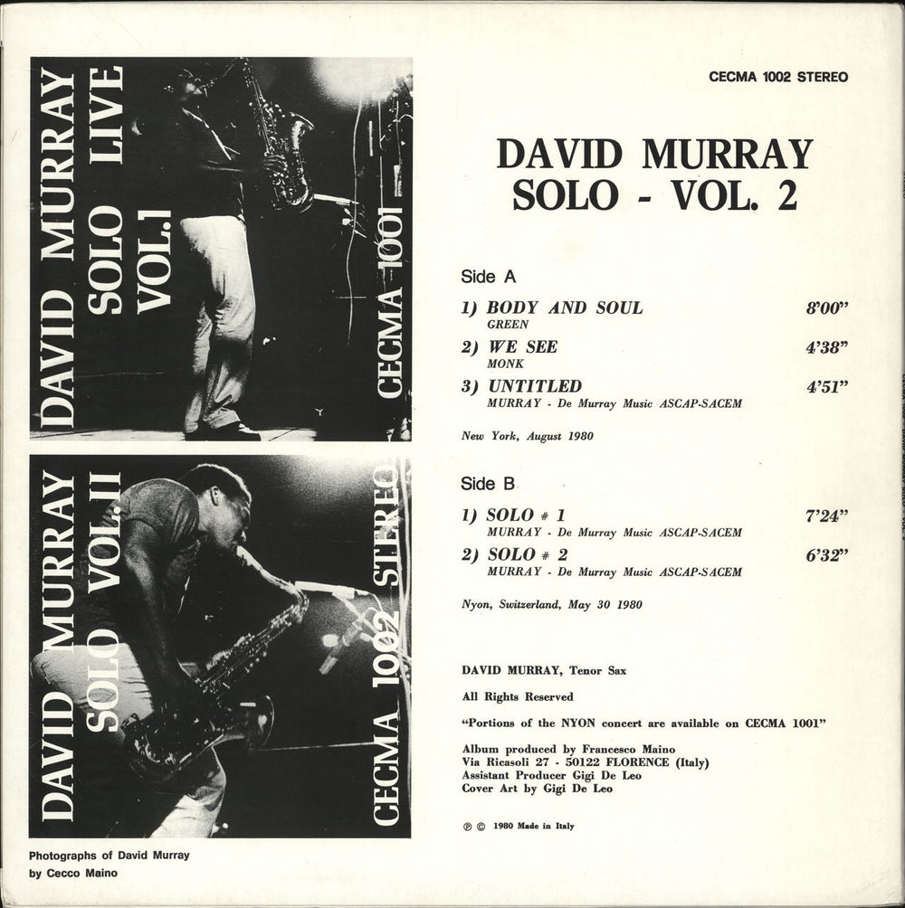 David Murray Solo Vol.II Italian vinyl LP album (LP record)