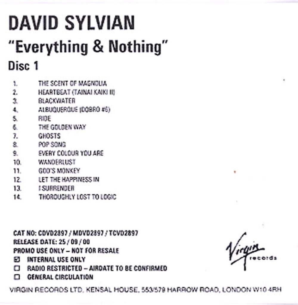 David Sylvian Everything & Nothing UK Promo 2 CD album set (Double CD) 2 X CD-RS