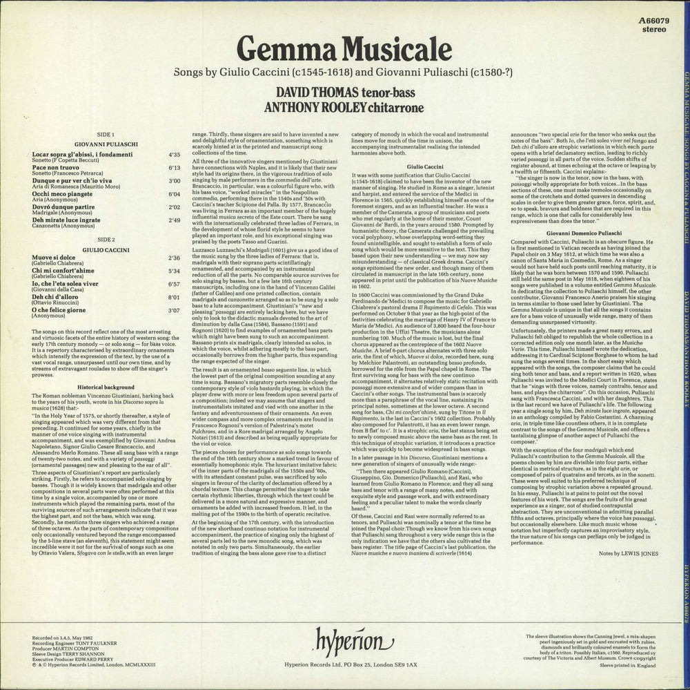 David Thomas [Vocal] Gemma Musicale (Songs By Caccini And Puliaschi) UK vinyl LP album (LP record)