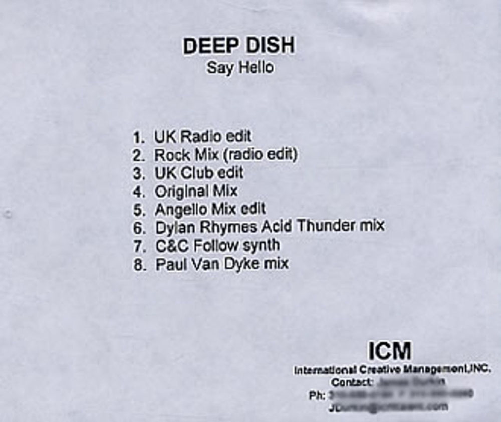 Deep Dish Say Hello - Mixes US CD-R acetate CD-R ACETATE