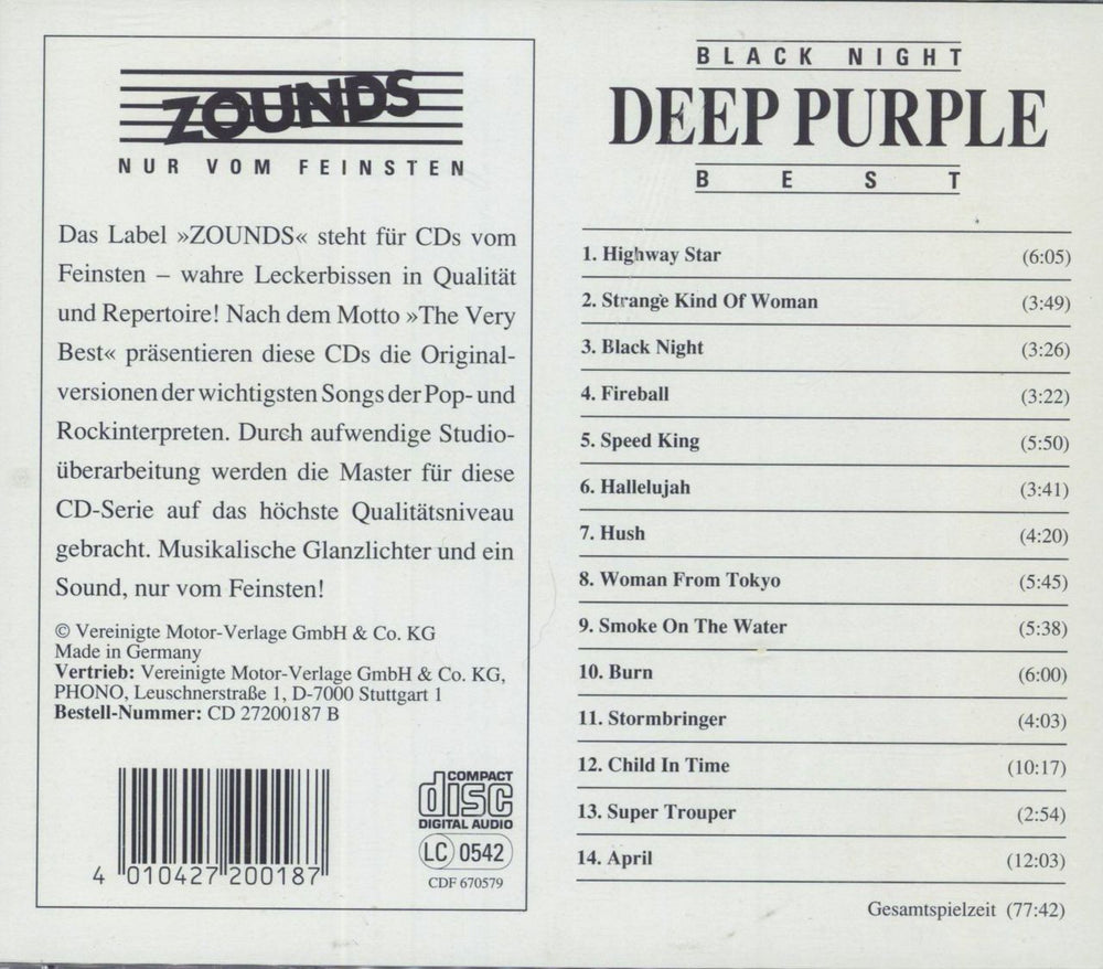 Deep Purple Black Night Best German CD album (CDLP) 4010427200187