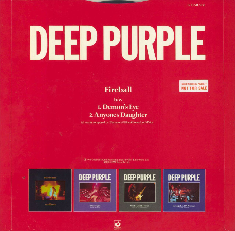 Deep Purple Fireball + Promo Stickered Sleeve UK Promo 12" vinyl single (12 inch record / Maxi-single)