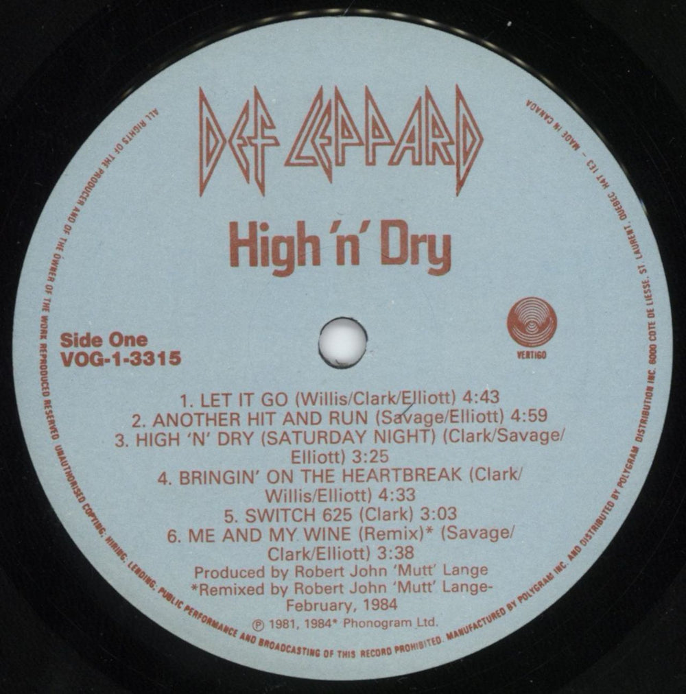 Def Leppard High 'n' Dry Canadian vinyl LP album (LP record) DEFLPHI815735