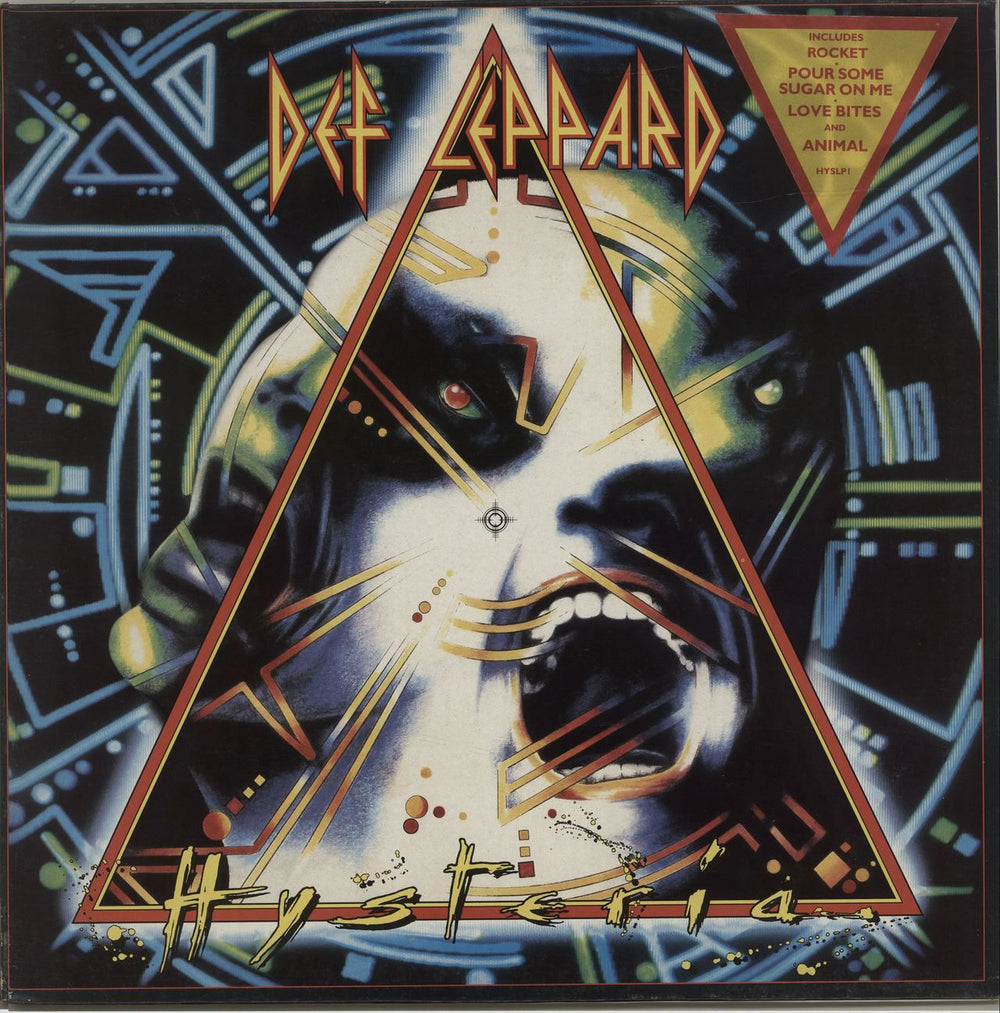 Def Leppard Hysteria - Triangular Stickered P/S + Insert UK vinyl LP album (LP record) HYSLP1