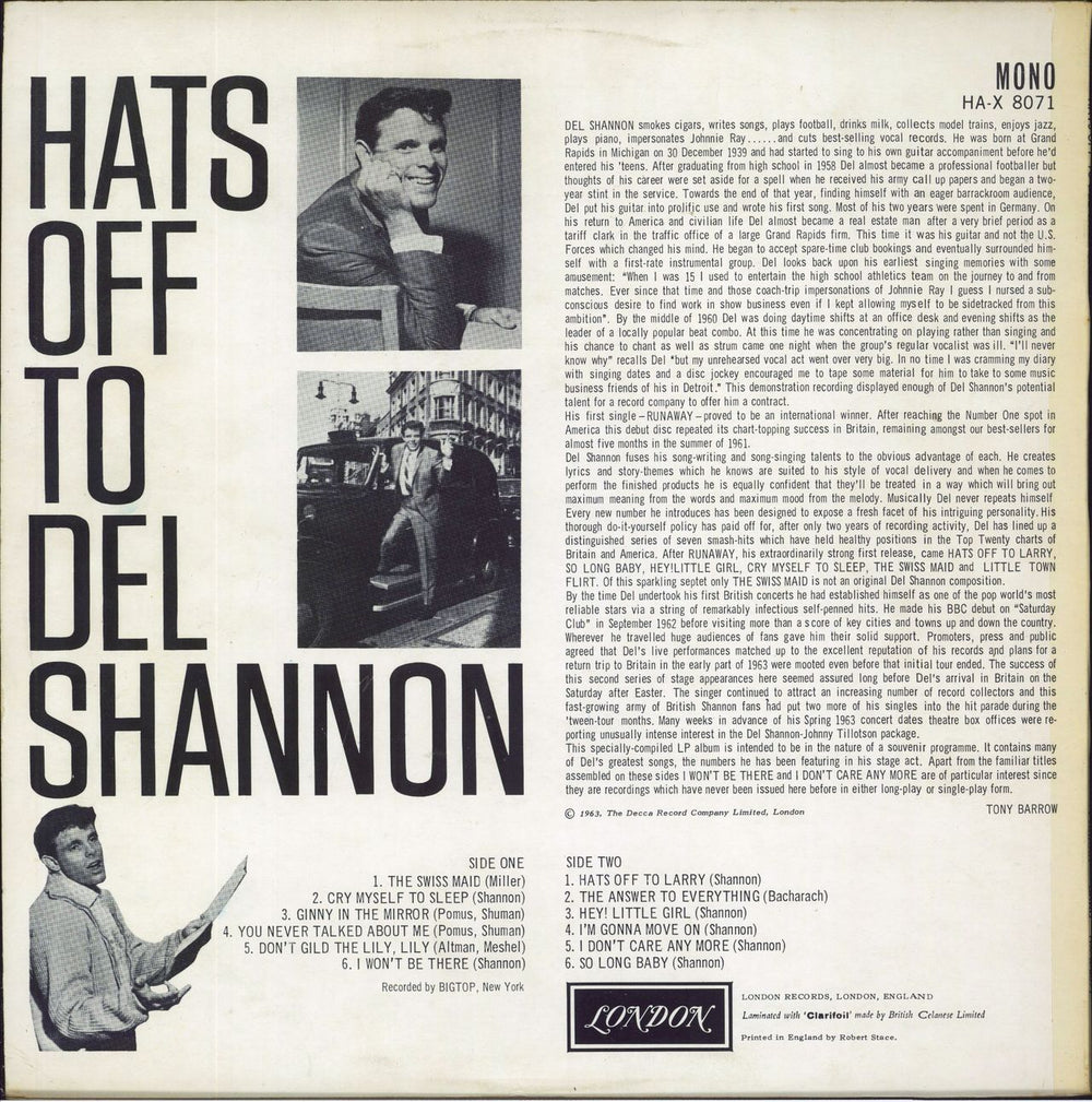 Del Shannon Hats Off To Del Shannon - 2nd UK vinyl LP album (LP record)