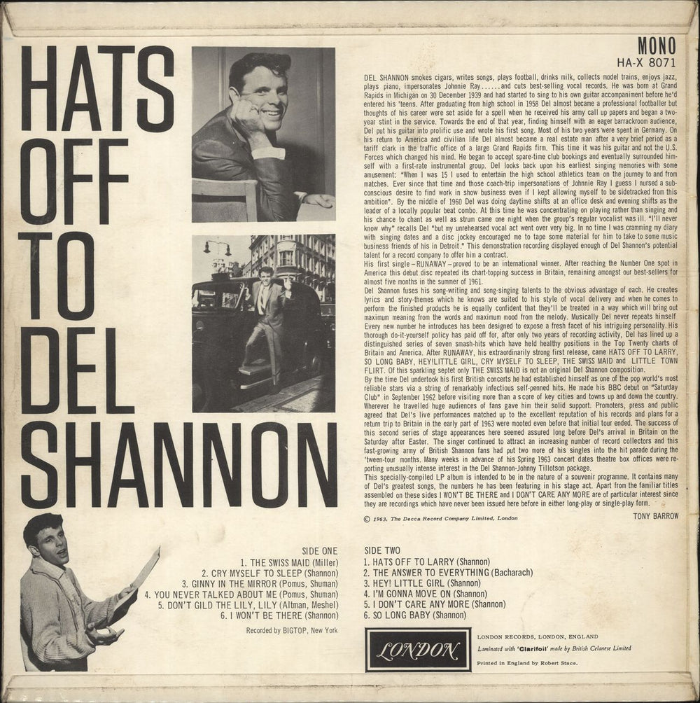 Del Shannon Hats Off To Del Shannon UK vinyl LP album (LP record)