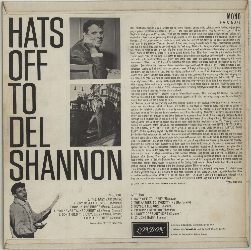 Del Shannon Hats Off To Del Shannon UK vinyl LP album (LP record) NNNLPHA688766