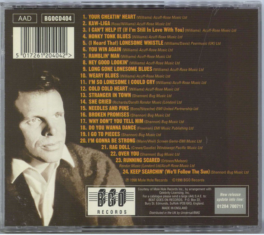 Del Shannon Sings Hank Williams / 1661 Seconds UK CD album (CDLP)