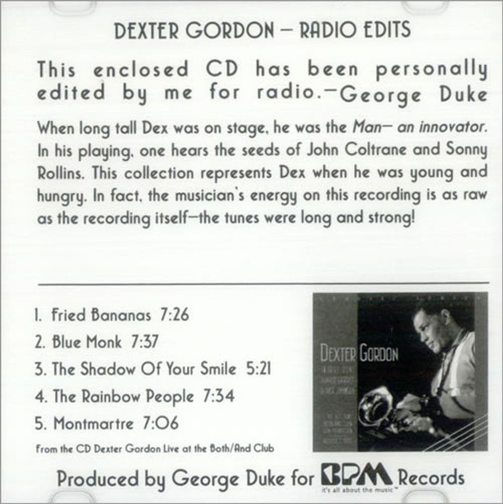 Dexter Gordon Dexter Gordon - Radio Edits US Promo CD-R acetate CD-R ACETATE