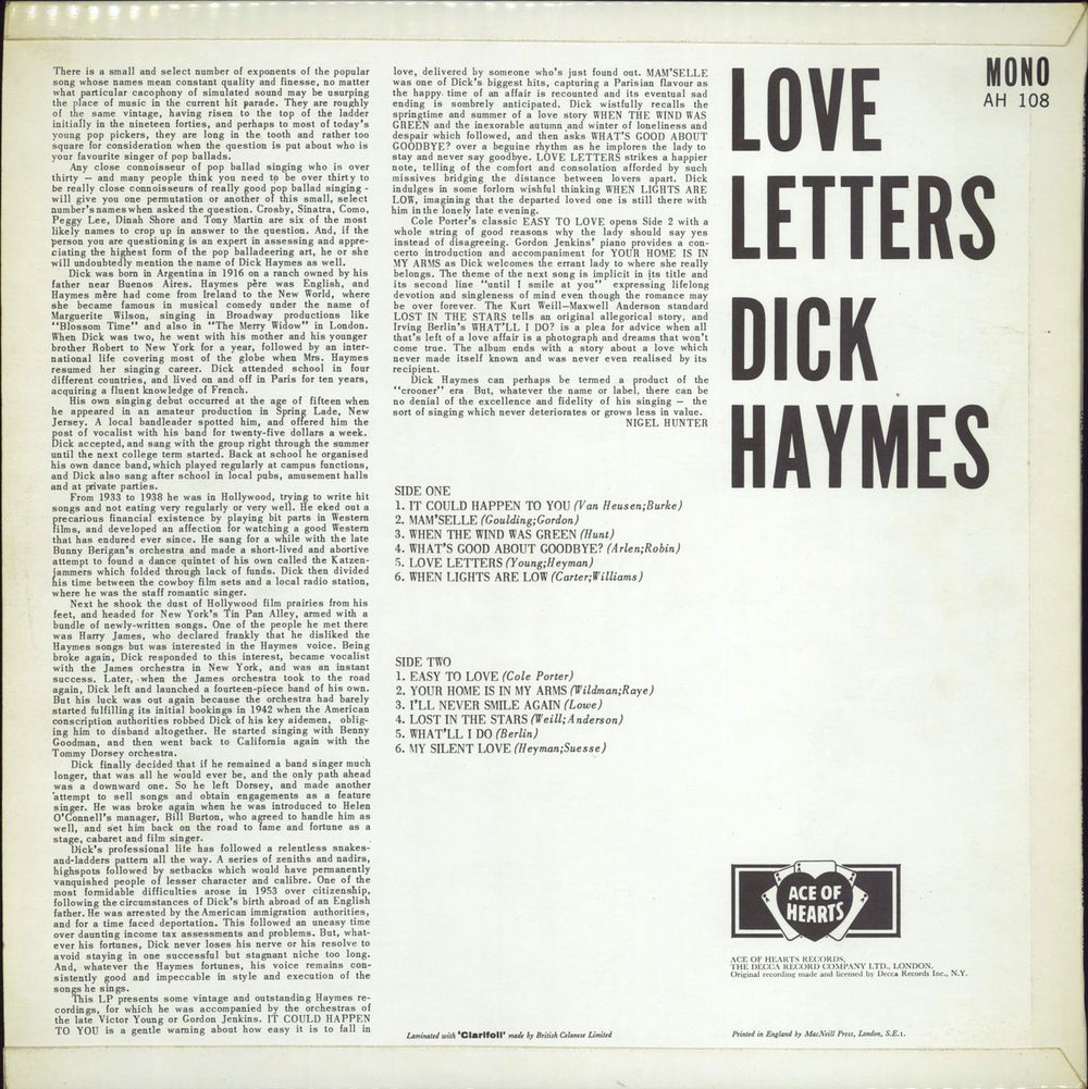 Dick Haymes Love Letters UK vinyl LP album (LP record)