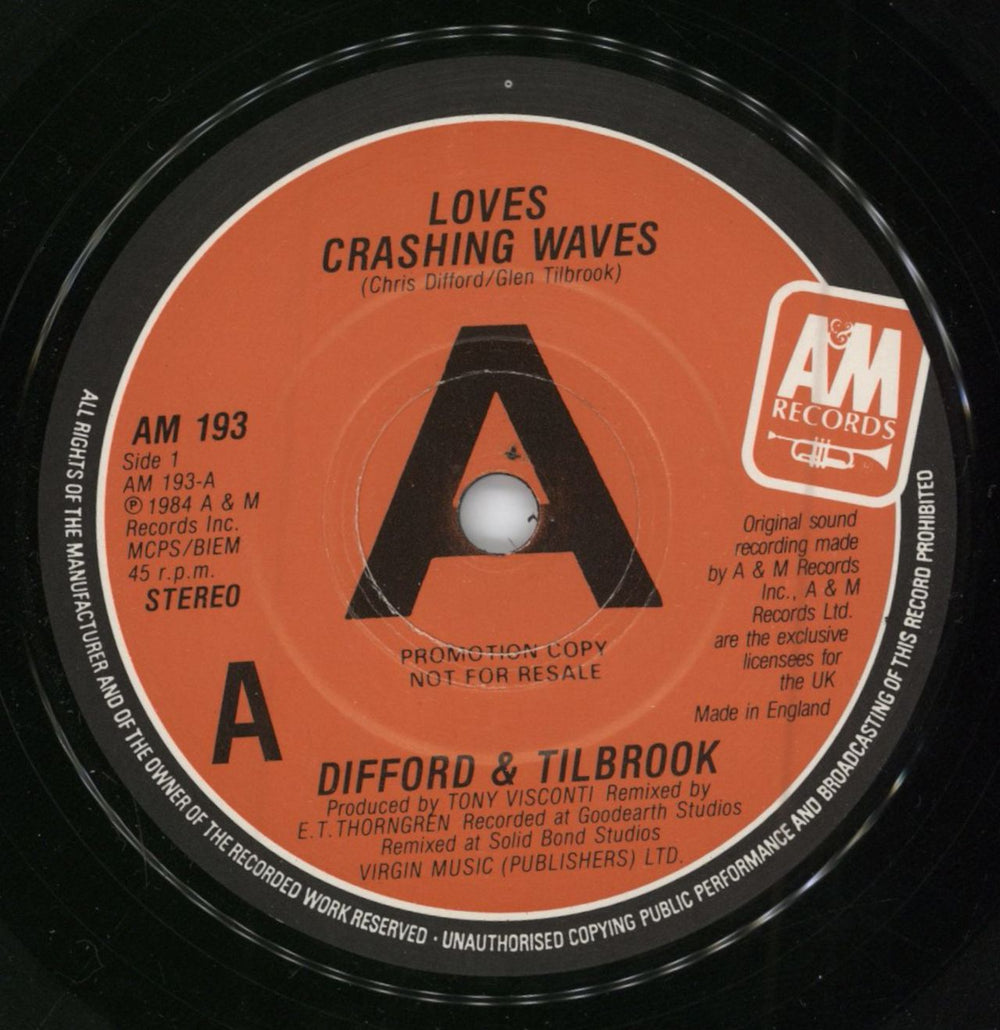 Difford & Tilbrook Loves Crashing Waves - 'A' Label + Sleeve UK Promo 7" vinyl single (7 inch record / 45) D&T07LO785349