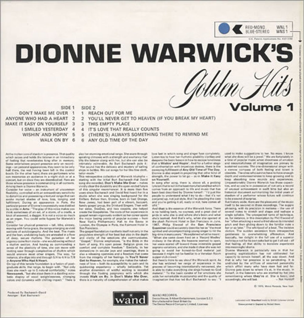 Dionne Warwick Golden Hits Volume 1 UK vinyl LP album (LP record) DIWLPGO268501