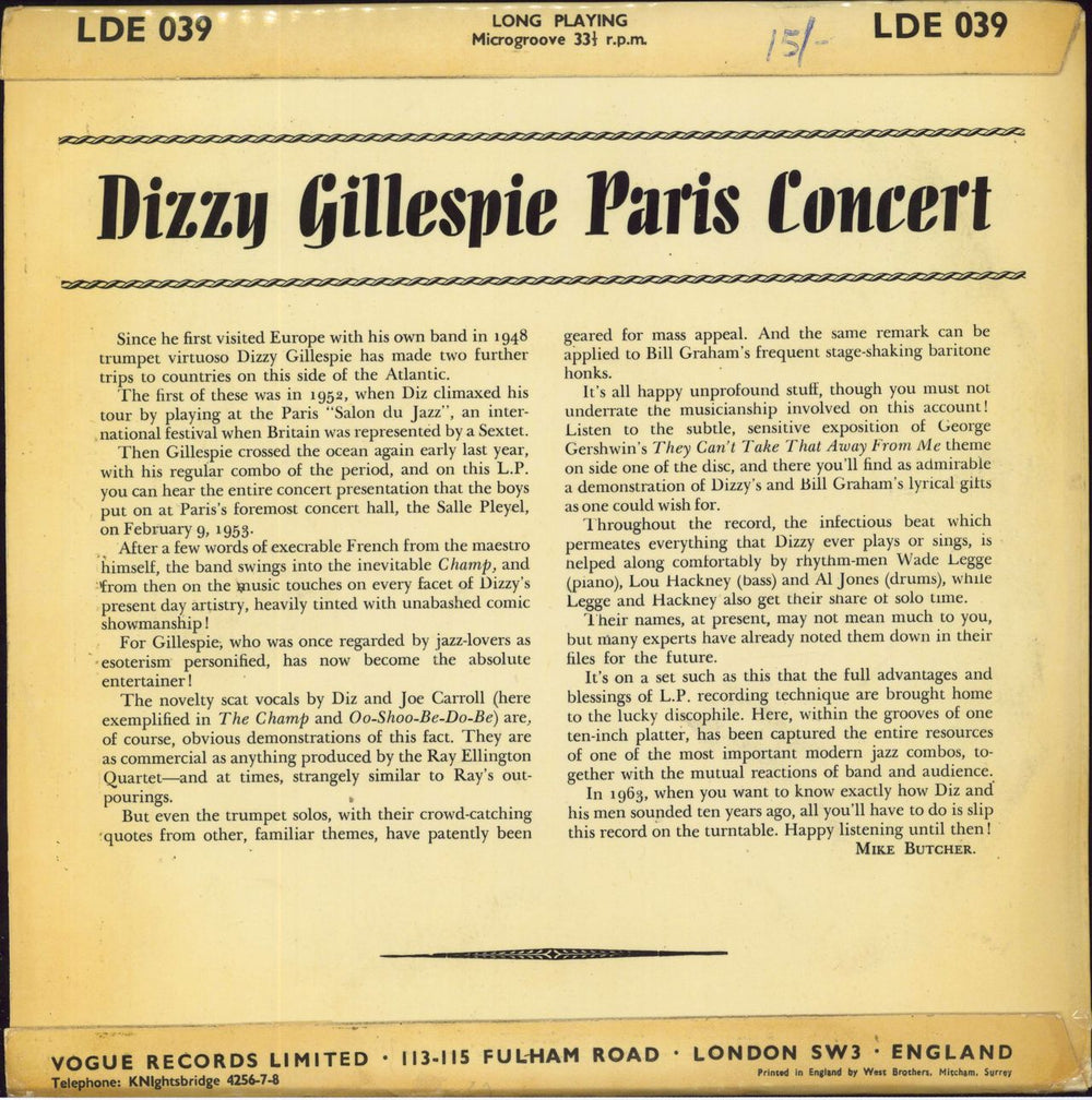 Dizzy Gillespie Pleyel Jazz Concert UK 10" vinyl single (10 inch record)