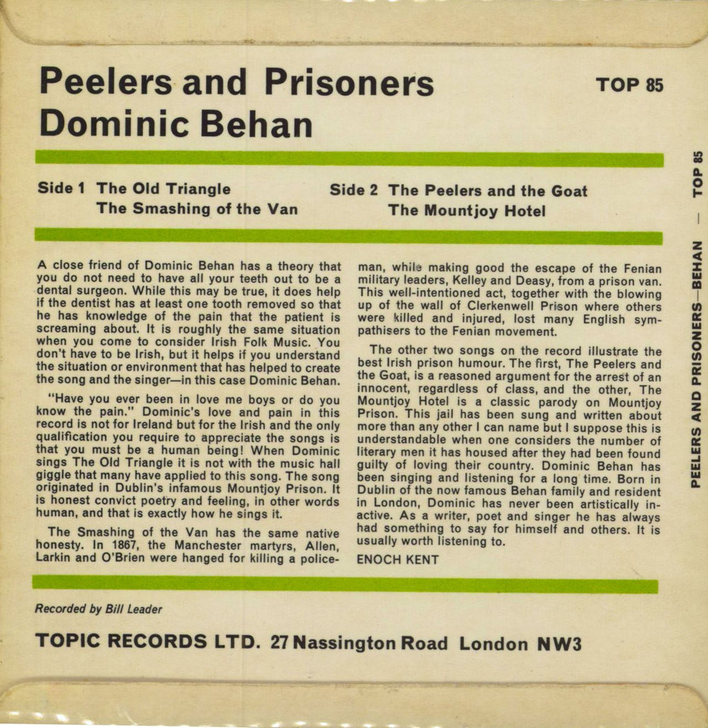 Dominic Behan Peelers And Prisoners UK 7" vinyl single (7 inch record / 45)