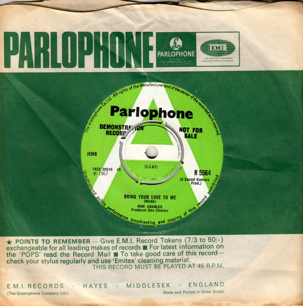 Don Charles Bring Your Love To Me - A Label UK Promo 7" vinyl single (7 inch record / 45) R5564