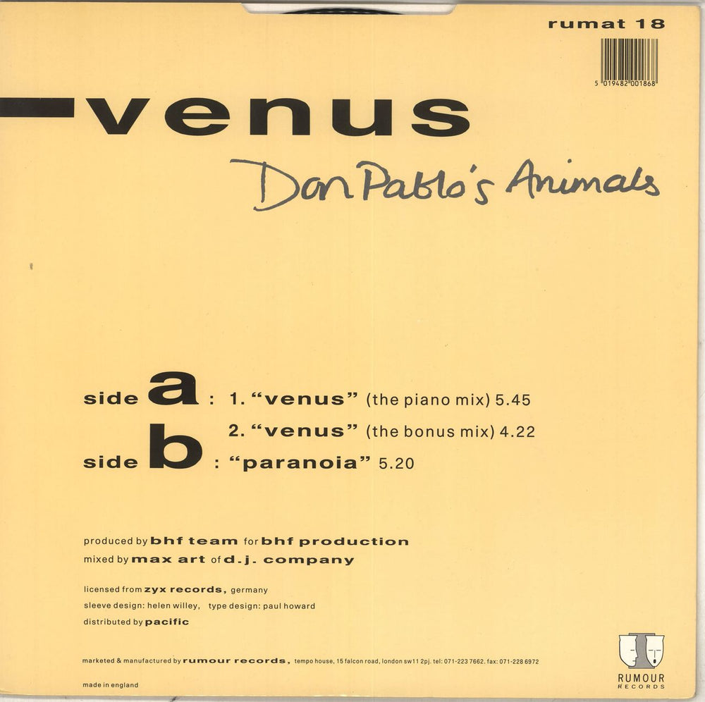 Don Pablo's Animals Venus UK 12" vinyl single (12 inch record / Maxi-single) 5019482001868