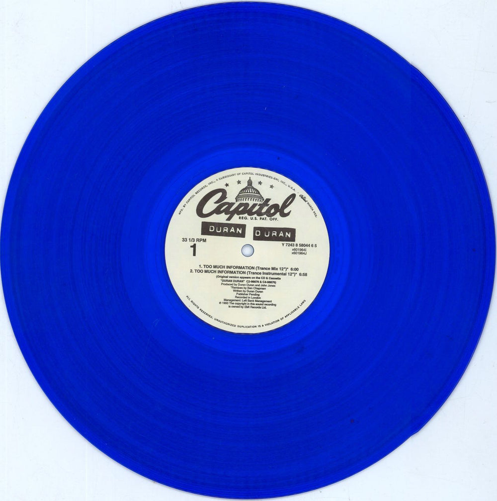 Duran Duran Too Much Information - Blue Vinyl US 12" vinyl single (12 inch record / Maxi-single) DDN12TO22392