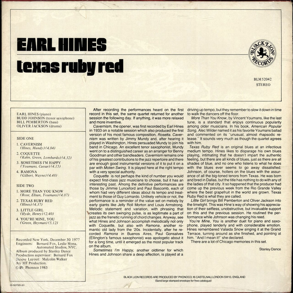 Earl Hines Texas Ruby Red US vinyl LP album (LP record)