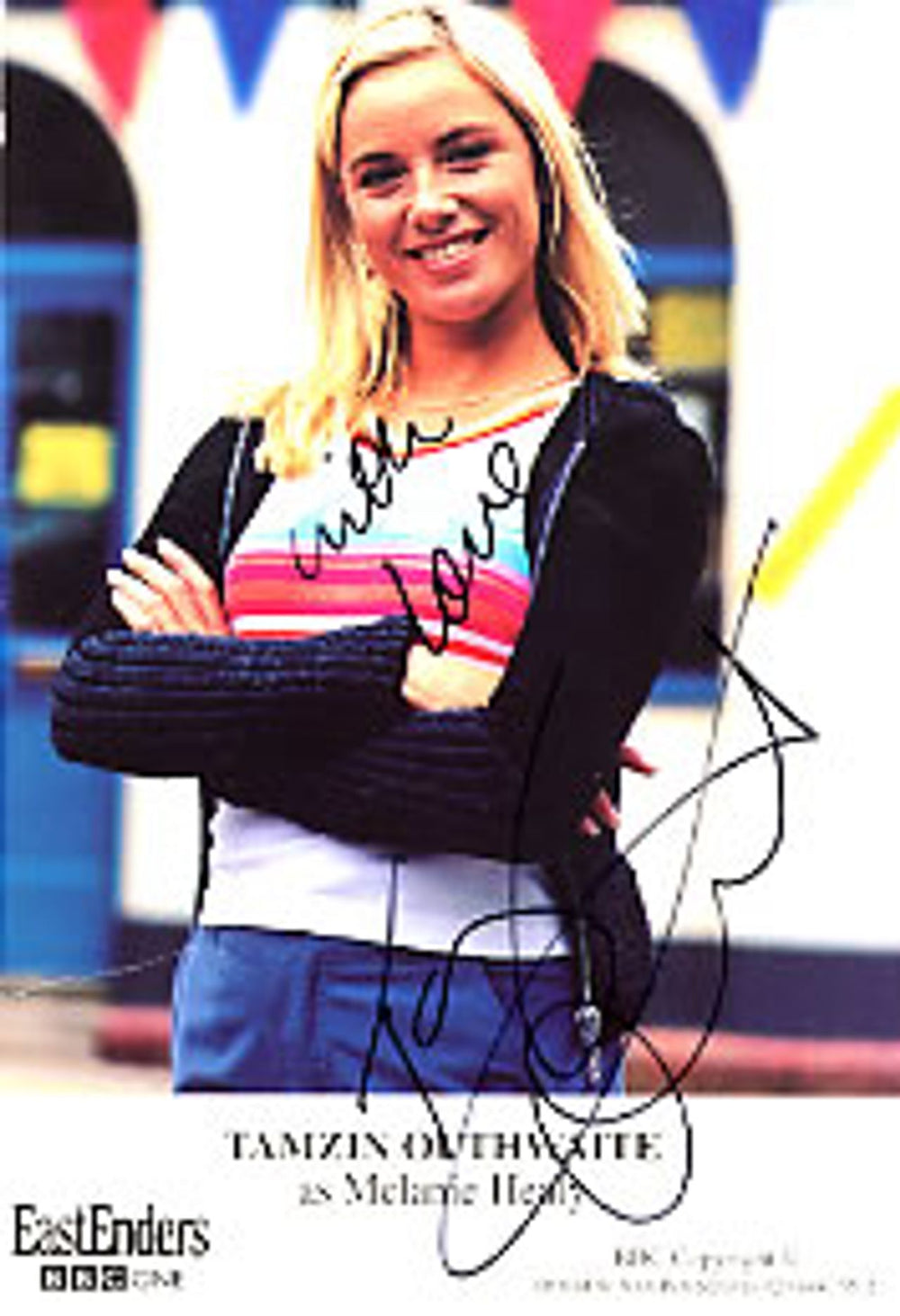 Eastenders Autographed Tamzin Outhwaite Photocard UK Promo photograph SIGNED PHOTOCARD