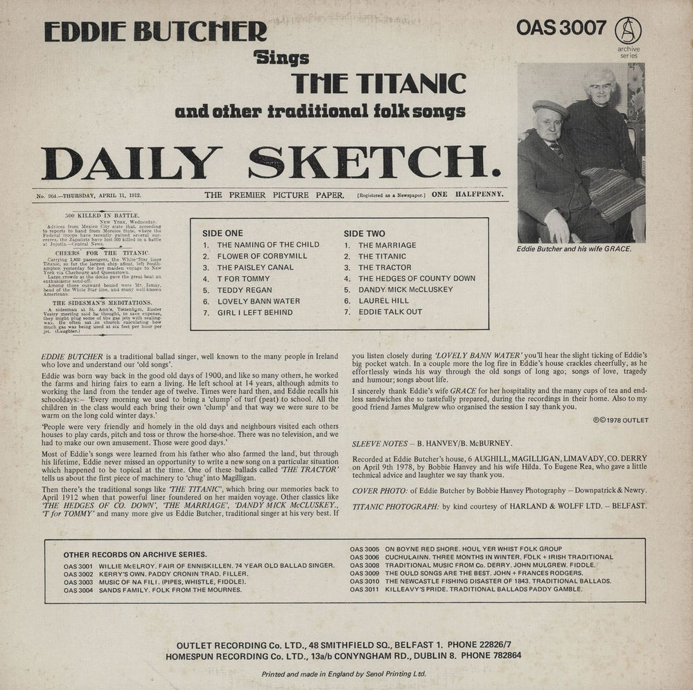 Eddie Butcher Sings The Titanic and Other Traditional Folk Songs UK vinyl LP album (LP record)