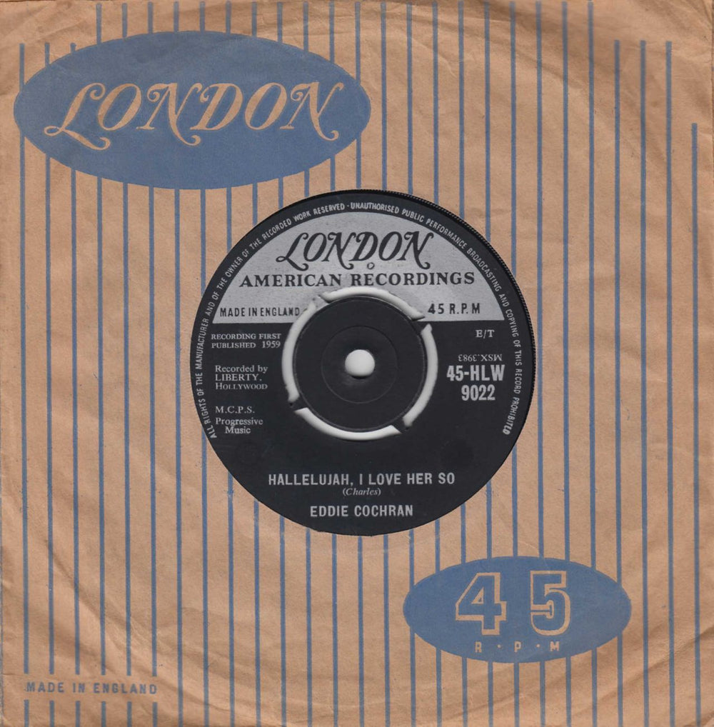 Eddie Cochran Hallelujah, I Love Her So UK 7" vinyl single (7 inch record / 45) 45-HLW9022