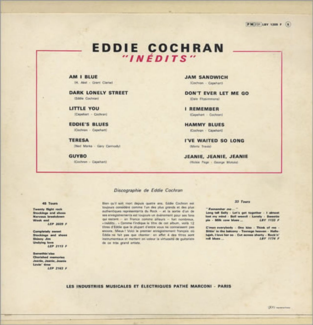 Eddie Cochran Inédits French vinyl LP album (LP record) EDCLPIN315442