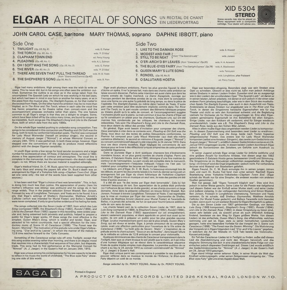 Edward Elgar Songs Of Sir Edward Elgar UK vinyl LP album (LP record)