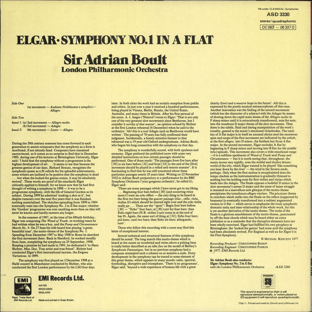 Edward Elgar Symphony No. 1 UK vinyl LP album (LP record)