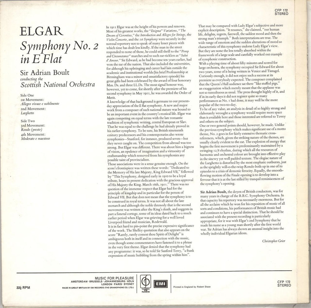 Edward Elgar Symphony No. 2 in E Flat UK vinyl LP album (LP record)