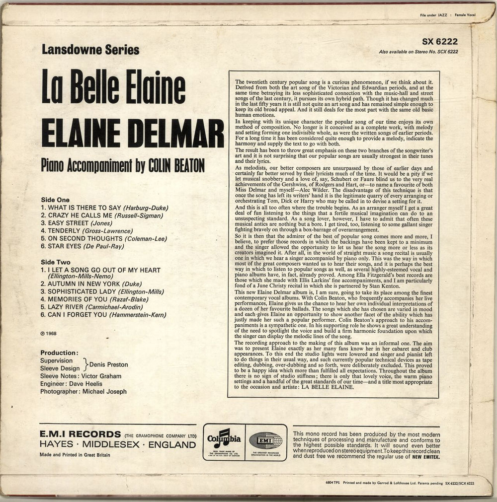 Elaine Delmar La Belle Elaine UK vinyl LP album (LP record)