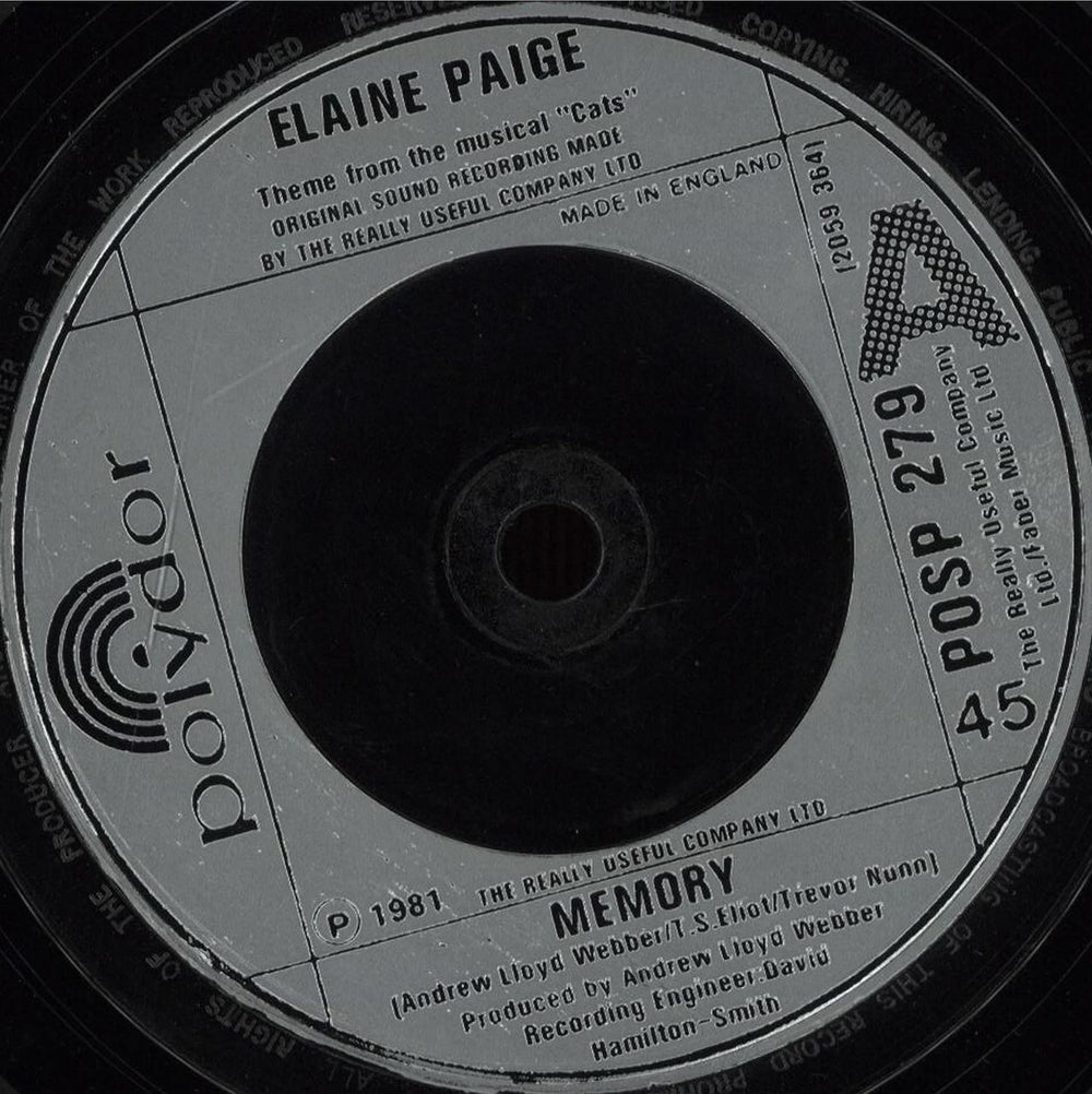 Elaine Paige Memory - Silver injection UK 7" vinyl single (7 inch record / 45) POSP279